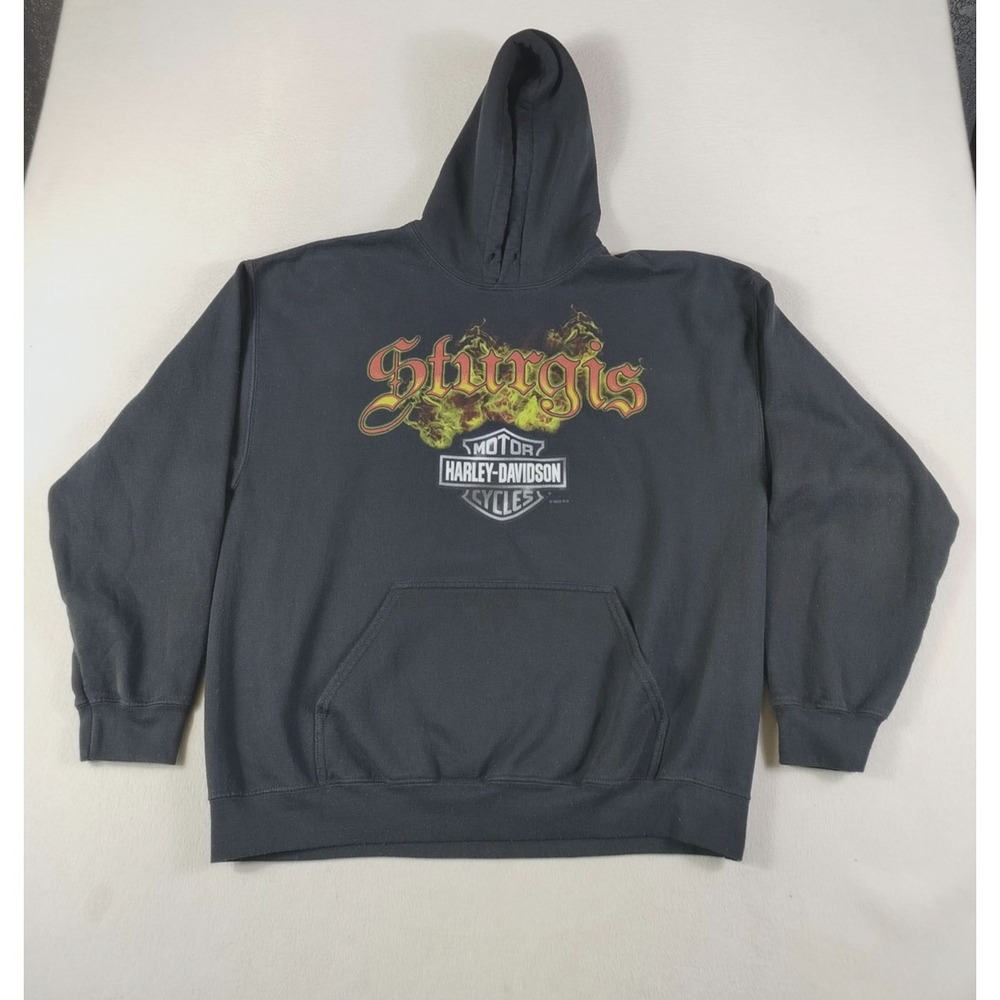 Harley Davidson Hoodie Mens 2XL Black Sturgis Skull Graphic‎ Fleece Bikercore